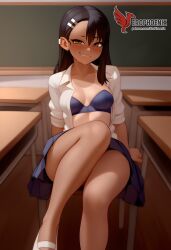 1girls 2d ai_generated areolae ass back bare_shoulders big_ass black_hair blue_eyes bra brown_eyes dark_skin dark_skinned_female day erophoenix female female_focus full_body hairclip hayase_nagatoro jewelry long_hair looking_at_viewer one-piece_tan panties patreon_username please_don't_bully_me,_nagatoro sitting skin_fang small_breasts smile solo tan tan_body tan_lines tanline thick thick_thighs uncensored underwear undressing