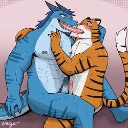 1:1 anthro bodily_fluids dragon duo enyuskii extreme_french_kiss felid french_kissing frottage hi_res kissing male male/male mammal muscular muscular_male mythological_creature mythological_scalie mythology pantherine penile saliva scalie sex shocked tiger