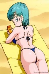 ai_generated ass back bangs beach bikini blue_bikini blue_eyes blue_hair blunt_bangs breasts bulma_briefs dragon_ball dragon_ball_z from_behind looking_at_viewer looking_back lying on_stomach pinku.ai swimsuit thong_bikini