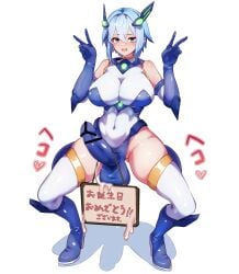 absurdres bar_censor blue_eyes blue_hair blush boots borrowed_character breasts censored covered_navel crossed_bangs double_v elekshaal_(calpish) erection futanari high_heel_boots high_heels highleg highleg_leotard highres intersex large_breasts leotard natsukaze_shigure original sidelocks solo v