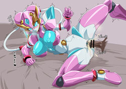 00s armor artist_request bed breasts cum cum_in_pussy curvy female heavy_breathing large_breasts legs_up mecha moaning neo_okusaer nipples no_humans on_bed penis pussy pussy_juice robot_girl sex shinkon_gattai_godannar!! shiny spread_legs translation_request trembling vaginal_penetration