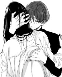 1boy 1girls faceless_female female hand_on_bra_strap hand_on_hair hand_under_clothes hugging looking_at_another male monochrome older_female smiling_at_another straight tukinoomame younger_male