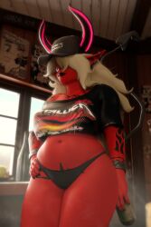 3d 3d_(artwork) bangs_over_eyes beer black_lipstick blender blender_(software) blender_cycles chubby chubby_female clothed crop_top demon demon_girl demon_horns demon_tail desdemona_(fortnite) fortnite fortnite:_battle_royale lipstick panties pierced_ears piercings red_skin septum_piercing slightly_chubby slightly_chubby_female tattoo tattoos undead_h34d white_hair