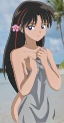 ass beach bubble_butt engagement_ring erotic flower_in_hair nude setsuna_(yashahime) teasing towel voluptuous