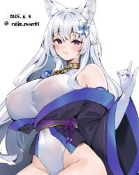 artist_name blush borrowed_character covered_erect_nipples dated hips huge_breasts kimono leotard looking_at_viewer mizuki_(kutan) neko_mantis nipple_bulge off_shoulder original see-through sitting smile someone_else's_oc suggestive_gesture wide_hips
