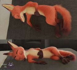 3_toes 3d_(artwork) 4_fingers absurd_res animal_genitalia anthro anus balls barefoot barely_visible_balls barely_visible_genitalia bed bedroom black_nose blender_(artwork) canid canine claws closed_eyes countershading digital_media_(artwork) disney english_text eyebrows feet fingers fox fur furniture genitals hand_on_belly hi_res lying male mammal multiple_angles nick_wilde nude on_model on_side orange_body penis penis_tip rasterraccoon red_fox retracted_sheath sheath sleeping smile solo text toes true_fox watermark zootopia