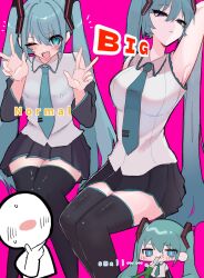 alternate_breast_size armpit armpits big_breasts blue_eyes blue_hair blue_tie blush breasts chibi collar different_breast_sizes hair_ornament hatsune_miku komeda_irasuto large_breasts long_hair looking_at_viewer miniskirt open_mouth peace_sign seductive seductive_eyes seductive_gaze seductive_look skirt small_breasts suggestive suggestive_look suggestive_pose thick_thighs thighhighs thighs tie vocaloid white_shirt wink winking_at_viewer