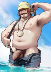 1boy animal_crossing armpit_hair artist_name balls bara bear_(body_type) belly blue_sky denim denim_shorts facial_hair fat flaccid highres humanization jewelry looking_at_viewer male male_focus moustache navel necklace nipples ocean pascal_(animal_crossing) penis precum pubic_hair shell shell_necklace shorts sky suspenders sylvein sylvein_art testicles wading wet yaoi