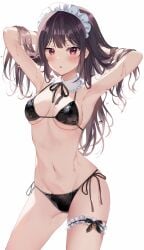 :o armpits arms_behind_head arms_up artist_name artist_request bare_arms bare_shoulders belly bikini black_bikini black_hair black_neckwear black_ribbon breasts contrapposto cowboy_shot detached_collar female frills highres leg_garter long_hair maid_headdress medium_breasts mole mole_on_breast navel neck_ribbon original parted_lips red_eyes ribbon side-tie_bikini sidelocks skindentation solo standing stomach strap_gap string_bikini swimsuit tagme thighs wet