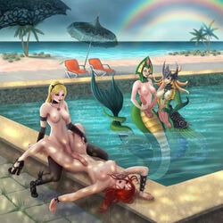 4futas alternate_costume balls black_lipstick breasts cassiopeia_du_couteau diphallia diphallism double_rainbow edit futa_on_futa futa_only futanari high_heels intersex lamia league_of_legends luxanna_crownguard marai mermaid monster_girl multi_penis nami_(league_of_legends) nipples penis pentakill_series pentakill_sona pool rainbow riot_games sona_buvelle tail_fetish tail_on_tail zamzalia