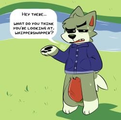 2022 absurd_res animal_crossing anthro balls big_balls big_penis blue_clothing blue_sweater blue_topwear bodily_fluids bottomless canid canine canis clothed clothing dialogue digital_media_(artwork) dobie_(animal_crossing) elderly_anthro elderly_male fur genitals grass green_body green_fur hand_in_pocket hi_res huge_balls huge_cock hyper hyper_balls hyper_genitalia looking_at_viewer male mammal mature_anthro mature_male multicolored_body multicolored_fur nintendo open_mouth pawpads pawplants paws penis plant pockets river solo speech_bubble sweat sweater talking_to_viewer teeth topwear two_tone_body two_tone_fur two_tone_tail vein veiny_penis wolf