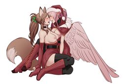 2girls angel_wings animal_ears asymmetrical_docking belt black_choker black_dress black_legwear blush boots breast_press breasts brown_hair capelet choker dress elbow_gloves fingerless_gloves fox_ears fox_tail from_side gloves hat highres implied_fingering kiyone knee_boots large_breasts legs_crossed less long_hair looking_at_another multiple_girls navel nipples open_mouth original pink_hair ponytail red_footwear saliva santa_costume santa_hat simple_background sitting smile tail thighhighs topless torogao white_background wings yokozuwari yuri