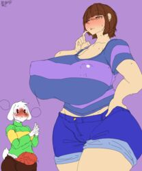 1boy 1girls 2017 anthro asriel_dreemurr balls big_balls big_breasts big_penis blush blushing boss_monster breasts bulge caprine clothed clothing denim_shorts duo embarrassed female female_human female_protagonist frisk fur goat hand_on_hip horn huge_balls huge_breasts huge_cock human hyper hyper_penis jean_shorts jeans larger_female long_breasts long_ears male male_anthro mammal nipple_bulge nipples_visible_through_clothing opqhlak penis penis_bulge puffy_areola shorts simple_background size_difference small_but_hung smaller_male smile straight teasing thick_thighs undertale vein video_games voluptuous white_fur wide_hips young