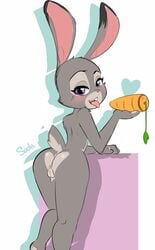 2016 alternate_version_available anthro anus ass blush carrot_dildo chronicsoda disney female fur grey_fur heart judy_hopps lagomorph looking_at_viewer looking_back mammal nude open_mouth pink_nose purple_eyes pussy rabbit rear_view sex_toy simple_background solo tongue tongue_out white_background zootopia