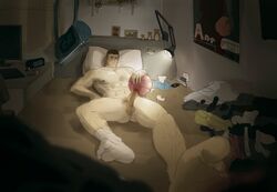 1boy bara basketball bed bedroom blush erection improvised_sex_toy lying male male_only masturbation muscle nude object_penetration penis pillow sex_toy solo testicles tissue