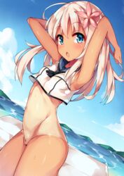 :o animal_ears arched_back armpits arms_up bangs black_neckwear blonde_hair blue_eyes blue_sky blush bottomless breasts character_name cloud cowboy_shot crop_top dark-skinned_female dark_skin day dutch_angle eyebrows_visible_through_hair female flower hair_flower hair_ornament highres horizon kantai_collection long_hair long_sleeves navel neckerchief ocean one-piece_tan open_mouth outdoors photoshop pussy ro-500_(kantai_collection) sailor_collar shiny shiny_hair sky sleeveless small_breasts solo standing stomach strap_slip tan tanline tareme thighs unacchi_(nyusankin) uncensored water