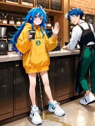 1boy ahoge ai_generated aoi_tsuki bangs barista blue_hair blush coffee cup eyebrows_visible_through_hair female full_body grin hair_between_eyes hood_down indoors long_hair long_sleeves looking_at_viewer male messy_hair pants peeing peeing_on_floor peeing_self red_eyes shoes smile sneakers socks standing white_footwear wooden_floor