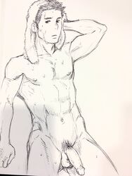 1boy abs circumcised male_focus male_only muscle nipples nude penis sketch solo sweat testicles towel tsukumo_gou wet