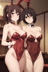 2girls ai_generated animal_ears animated animated attack_on_titan bangs bare_legs bare_shoulders black_bow black_bowtie black_hair blush bow bowtie breasts brown_eyes brown_hair cameltoe choker cleavage collarbone covered_navel cowboy_shot dandanhub detached_collar fake_animal_ears hair_between_eyes hange_zoe hanji_zoe highleg highleg_leotard indoors large_breasts leotard looking_at_viewer medium_breasts mikasa_ackerman multiple_girls parted_lips patreon_username playboy_bunny ponytail rabbit_ears red_leotard shingeki_no_kyojin short_hair smile strapless strapless_leotard thighs web_address wrist_cuffs