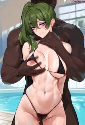 1male1female abs ai_generated areola_slip black_bikini black_swimsuit blush dark-skinned_male duxvector erect_nipple exposed_nipple female_abs frieren_beyond_journey's_end green_hair_female groping groping_breast groping_from_behind hand_on_neck kuudere light-skinned_female ponytail_(hair) ponytail_female pool_background smile smiling sousou_no_frieren string_bikini swimming_pool ubel_(sousou_no_frieren)