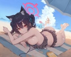 animal_ears ass barefoot beach bikini black_hair blue_archive blush breasts brown_hair cat_girl cloud halo hat hoshino_(blue_archive) long_hair nonomi_(blue_archive) pink_hair red_eyes serika_(blue_archive) serika_(swimsuit)_(blue_archive) shade skirt sky swimsuit topless twintails umbrella water