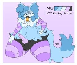 animal_genitalia animal_penis anthro arm_warmers armwear ass ball_tuft balls belly belly_tuft big_butt black_balls black_body black_collar black_fur black_legs blue_body blue_fur blue_hair blue_inner_ear_fluff blue_tail border braixen canine_genitalia canine_penis cheek_tuft chest_tuft clothing collar cowbell dipstick_tail dreadlocks drignov ear_tuft english_text erection eye_through_hair eyebrows eyelashes eyewear facial_tuft femboy fluffy fluffy_tail front_view fur generation_6_pokemon genitals glasses gradient_background hair hand_on_hip hi_res hip_tuft horizontal_stripes huge_butt huge_thighs inner_ear_fluff kneeling knot legwear long_tail looking_at_viewer male markings milo_(drignov) model_sheet moobs nintendo pattern_armwear pattern_clothing pattern_legwear pear-shaped_figure penis pink_arm_warmers pink_armwear pink_background pink_clothing pink_stockings pink_stripes pokemon pokemon_(species) pseudo_skirt sheath simple_background slightly_chubby slightly_chubby_male smile smiling_at_viewer solo stockings striped_armwear striped_clothing striped_legwear stripes tail tail_markings text thick_thighs thigh_highs translucent translucent_hair tuft white_body white_border white_fur wide_hips