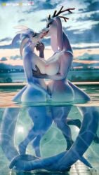 3d_(artwork) 9:16 anthro breast_squish breasts closed_eyes digital_media_(artwork) dragon duo female female/female hand_on_crotch hi_res horn kissing kobold mythological_creature mythological_scalie mythology nargaflex scalie squish water wet wet_body