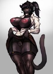 2023 5_fingers absurd_res anthro areola big_breasts biped black_body black_clothing black_ears black_eyeshadow black_fur black_hair black_legwear black_nose black_panties black_stockings black_tail black_thigh_highs black_underwear bottomwear breasts brown_bottomwear brown_clothing brown_skirt clothed clothing clothing_aside clothing_lift collared_shirt colored curvy_figure digital_media_(artwork) dress_shirt exposed_breasts eyelashes eyeshadow eyewear felid female female_anthro fingers front_view fur garter_straps genitals glasses gradient_background grey_background hair hi_res hourglass_figure huge_breasts inverted_nipples legwear long_hair looking_at_viewer makeup mammal monotone_hair monotone_tail narrowed_eyes nipple_piercing nipples open_clothing open_mouth open_shirt open_topwear pantherine panties panties_aside partially_clothed piercing pince-nez pink_areola pink_nipples ponytail portrait presenting presenting_pussy pupils pussy shaded shirt simple_background skirt skirt_lift solo standing stockings tail teeth thigh_highs three-quarter_portrait topwear underwear underwear_aside white_clothing white_shirt white_topwear yellow_eyes zerolativity