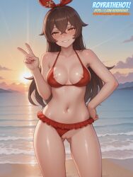 ai_generated amber_(genshin_impact) beach bikini_aside brown_hair female genshin_impact hand_on_own_hip light-skinned_female light_skin long_hair medium_breasts naughty_face nipple_slip ocean orange_eyes petite petite_female pussy red_bikini royrathehot sand solo sunset v watermark