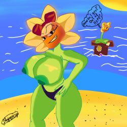 big_breasts big_thighs bikini black_eyes destello_solar_gd flora_fauna freckles green_skin moxxy_art of only_girl only_woman plant_girl plant_humanoid plants plants_vs_zombies plants_vs_zombies:_heroes point point_of_view popcap_games pvz pvz_heroes solar_flare_(pvz) sunflower_(pvz) text tight_clothing video_game_character video_games view viewer_pov