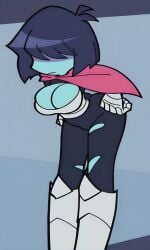 5_fingers ai_generated bangs bangs_over_eyes bent_over big_breasts blue_skin bob_cut bodysuit boob_window busty chestplate clothed curvy dark_blue_hair deltarune female hand_on_hip kris_(deltarune) kris_female_(deltarune) metal_boots metal_gloves nonbinary pink_cape pixai shoulder_length_hair slim_waist torn_bodysuit undertale_(series)