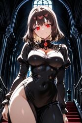1girl :3 ai-created ai_generated arms_at_sides black_dress bow breasts brooch brown_hair buttons cleavage cleavage_cutout closed_mouth clothing_cutout contrapposto covered_navel cowboy_shot dress female gem groin ikusa_otome_valkyrie indoors jewelry juliet_sleeves large_breasts long_sleeves looking_at_viewer medium_breasts medium_hair pixiv princess_laura_(ikusa_otome_valkyrie) puffy_long_sleeves puffy_sleeves red_eyes red_gemstone rena_aikawa_(pixiv_user) short_hair side_slit slit_pupils smile solo stable_diffusion stairs standing taut_dress thighs vampire vampire_girl wide_hips