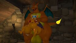 anthro_on_anthro big_belly bigger_male charizard kane_brent_koopa pokemon_(species) rouge_the_bat smaller_female tecbuttlovefa