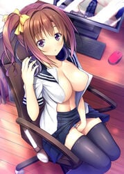 :o aikawa_tatsuki bangs black_legwear blue_panties blue_skirt blush bow breasts brown_hair cameltoe chair cleavage collarbone commentary_request computer computer_keyboard computer_mouse erect_nipples eyebrows_visible_through_hair female hairbow headphones headphones_removed holding holding_headphones indoors knees_together_feet_apart large_breasts light_censor long_hair looking_at_viewer monitor no_bra office_chair open_clothes open_shirt original panties parted_lips pleated_skirt purple_eyes school_uniform serafuku shirt short_sleeves side_ponytail sidelocks sitting skirt skirt_lift solo table thighhighs underwear white_shirt wireless_mouse wooden_floor yellow_bow