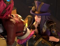 3d big_cock big_penis blowjob blue_eyes blue_hair caitlyn_kiramman cock female futa_on_female futanari grabbing_penis huge_cock iidssm_sfm intersex league_of_legends massive_cock massive_penis penis pink_hair sucking sucking_penis thick_penis vi