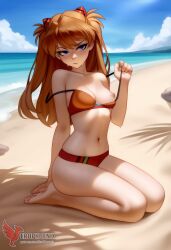 1girls 2d ai_generated areolae ass asuka_langley_sohryu back bare_shoulders beach big_ass bikini bikini_pull bikini_top blue_eyes day erophoenix female female_focus full_body long_hair looking_at_viewer neon_genesis_evangelion ocean orange_hair outdoors pale_skin pale_skinned_female patreon_username red_bikini sky small_breasts solo swimsuit thick thick_thighs uncensored