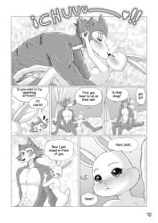 absurd_res anthro anthro_on_anthro arm_tattoo ass back_scar beastars bed blush breasts canid canine canis cheek_tuft comic comic_panel cuddling dialogue domestic_rabbit duo dwarf_rabbit english_text erection eyebrows eyelashes facial_scar facial_tuft female fur furniture genitals haru_(beastars) hi_res kissing lagomorph larger_male legoshi_(beastars) leporid male male/female mammal monochrome navel nude nude_anthro nude_female nude_male on_bed oryctolagus page_number pelambrekawaii penis rabbit scar scut_tail short_tail shoulder_tattoo sitting sitting_on_bed size_difference smaller_female snout speech_bubble tail tattoo text tuft watermark wolf