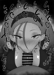 1boy 1girls :>= annqi big_breasts big_penis black_and_white blush breasts censored dark-skinned_male dark_skin detailed_background drooling earrings eyelashes eyeshadow fellatio female female_focus gundam gundam_gquuuuuux headband heart human indoor inside interracial kurotama looking_at_viewer male male_pov oral oral_sex penis room saliva shiny shiny_skin short_hair sketch sound_effects squatting sweat text vein veins veiny veiny_penis