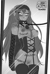 1girls arms_behind_back ball_gag black_and_white black_legwear blindfold blush body_writing bondage bondage_outfit breasts collar corset female female_only female_pov fire_emblem fire_emblem_awakening gag grayscale greyscale highres leash long_hair medium_breasts mirror monochrome monoglove my_pet_tentacle_monster nintendo nipples pussy pussy_juice red_hair restrained severa_(fire_emblem) slave solo solo_female text thighhighs ungagged very_long_hair wet_pussy wholesome_body_writing