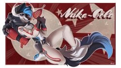 absurd_res anthro clothed clothing conrie fallout female genitals gun hi_res holding_gun holding_object holding_ranged_weapon holding_weapon looking_at_viewer microsoft nuka-cola pawpads paws pussy ranged_weapon smile solo tight_clothing weapon