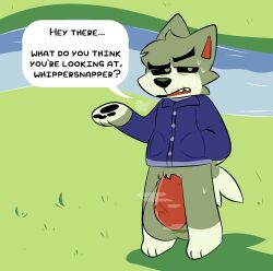 2022 absurd_res animal_crossing anthro balls big_balls big_penis blue_clothing blue_sweater blue_topwear bodily_fluids bottomless canid canine canis clothed clothing dialogue digital_media_(artwork) dobie_(animal_crossing) elderly_anthro elderly_male fur genitals grass green_body green_fur hand_in_pocket hi_res huge_balls huge_cock hyper hyper_balls hyper_genitalia looking_at_viewer male mammal mature_anthro mature_male multicolored_body multicolored_fur musk musk_clouds musky_balls musky_penis nintendo open_mouth pawpads pawplants paws penis plant pockets river solo speech_bubble sweat sweater talking_to_viewer teeth topwear two_tone_body two_tone_fur two_tone_tail vein veiny_penis wolf