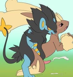 anal anal_sex anthro anthro_on_feral bite blue_body blush bodily_fluids brown_body cum cum_while_penetrated duo ejaculation felid feline feral game_freak generation_4_pokemon genital_fluids genitals hi_res lagomorph leporid lopunny luxray lynx male male/male male_penetrated male_penetrating male_penetrating_male mammal mane neck_bite nintendo p.v.su penetration penis pokemon pokemon_(species) rabbit red_eyes sex simple_background yellow_eyes zoophilia