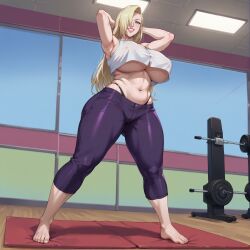 1:1_aspect_ratio 1girls ai-created ai_generated armpits arms_behind_head arms_up bangs bare_shoulders barefoot blonde_hair blue_eyes blush bra breasts cleavage clothing crop_top curvaceous feet female female female_only grin gym hair_over_one_eye high_resolution highleg huge_breasts indoors ino_yamanaka large_breasts lips long_hair looking_at_viewer midriff naruto naruto:_the_last naruto_shippuden navel pants pantsu plump ps-ai shirt skindentation smile solo sports_bra sportswear standing stomach thick_thighs thighs thong toes underboob underwear very_long_hair wide_hips yoga_pants