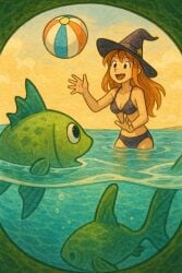 1girls ai_generated auburn_hair beachball bikini bikini_bottom bikini_top blue_bikini blue_bikini_bottom blue_bikini_top chatgpt(ai) female fish fisheye fisheye_lens medium_breasts open_eyes open_mouth pepper&carrot pepper_(pepper&carrot) sea sea_background seaside witch wizard_hat