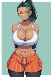 abs absurd_res ai_generated bare_shoulders black_hair black_leggings cleavage collarbone curvaceous curvy dark-skinned_female dark_skin female gloves high_resolution highres nemona_(pokemon) npc_trainer orange_eyes orange_shorts pokemon pokemon_(franchise) pokemon_(series) pokemon_sv pokemon_trainer short_hair shorts simple_background solo sports_bra tomboy two_tone_hair