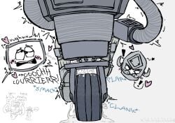 activision ahe_gao bodily_fluids boots clothing cum cum_on_ground dialogue digital_drawing_(artwork) digital_media_(artwork) duo english_text excessive_cum excessive_genital_fluids fallout footwear from_behind_position genital_fluids heart_symbol hi_res human humor leaking_cum leg_cropped_sex lifted lifting_partner looking_pleasured machine male male/male mammal microsoft rear_view robophilia robot securitron_(fallout) sex shake_lines shoes socks sound_effects standing standing_sex text wheel xbluhbluhbluhx yes_man_(fallout)