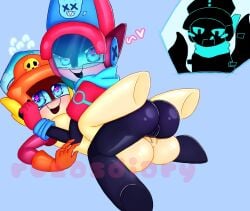 2cuntboys black_body blue_background blue_eyes brawl_stars cuntboy glitch_larry_(brawl_stars) glitch_lawrie_(brawl_stars) heart-shaped_pupils larry_(brawl_stars) licking_lips mischievous_smile nervous_smile pussy_juice pussy_sandwich ruz4sd1ary_(artist) simple_background tentacle yellow_body