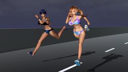 2girls 3d animated bikini blonde_hair blue_hair bouncing_breasts breasts cleavage curvy erect_nipples female female_only female_with_female huge_breasts jumping nipple_bulge no_sound panties pigtails realistic run_cycle running short_hair video wide_hips z375