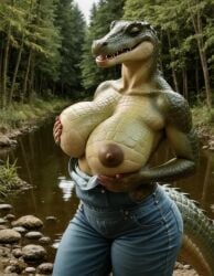 ai_assisted ai_generated ai_video animated anthro caressing_breasts crocodile crocodile_girl curvy female female_only huge_breasts no_sound solo styl1sh tagme thick_thighs topless touching_own_breast video wide_hips