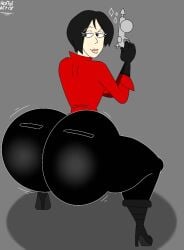 1girl ada_wong ada_wong_(ty_brenneman) asian asian_female ass ass_bigger_than_head ass_focus back_view big_ass big_butt black_boots black_gloves black_legwear black_pants boots booty capcom clothed clothing eyebrow_raise eyebrow_raised female gloves grappling_hook high_heels horrornsfw motion_lines non-nude red_shirt resident_evil resident_evil_6 simple_background smirk smirking solo solo_female solo_focus throwing_it_back twerking twerking_position
